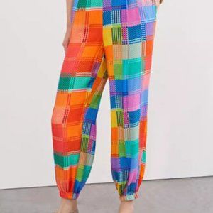 Farm Rio Anthropology NWT Multicolor Rainbow Checkered Plaid Balloon Joggers